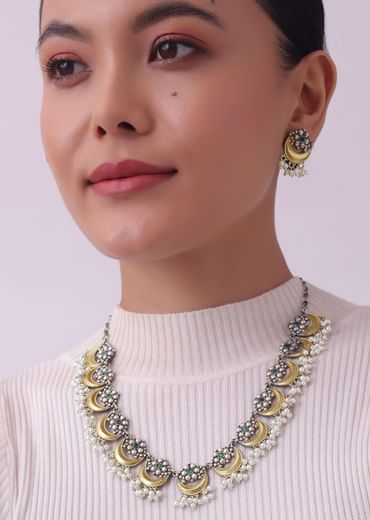 Two Tone Oxidised Necklace And Earrings Set With Pearls