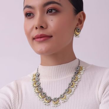 Two Tone Oxidised Necklace And Earrings Set With Pearls