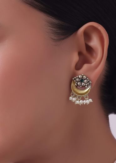 Two Tone Oxidised Necklace And Earrings Set With Pearls