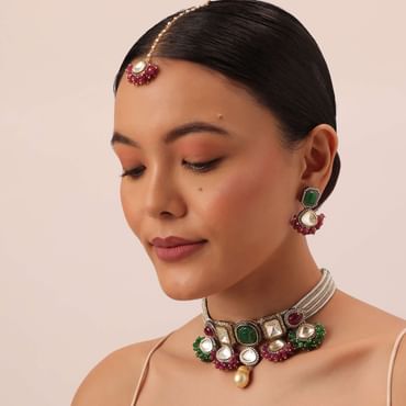 Two Tone Victorian Necklace Set With Mangtikka