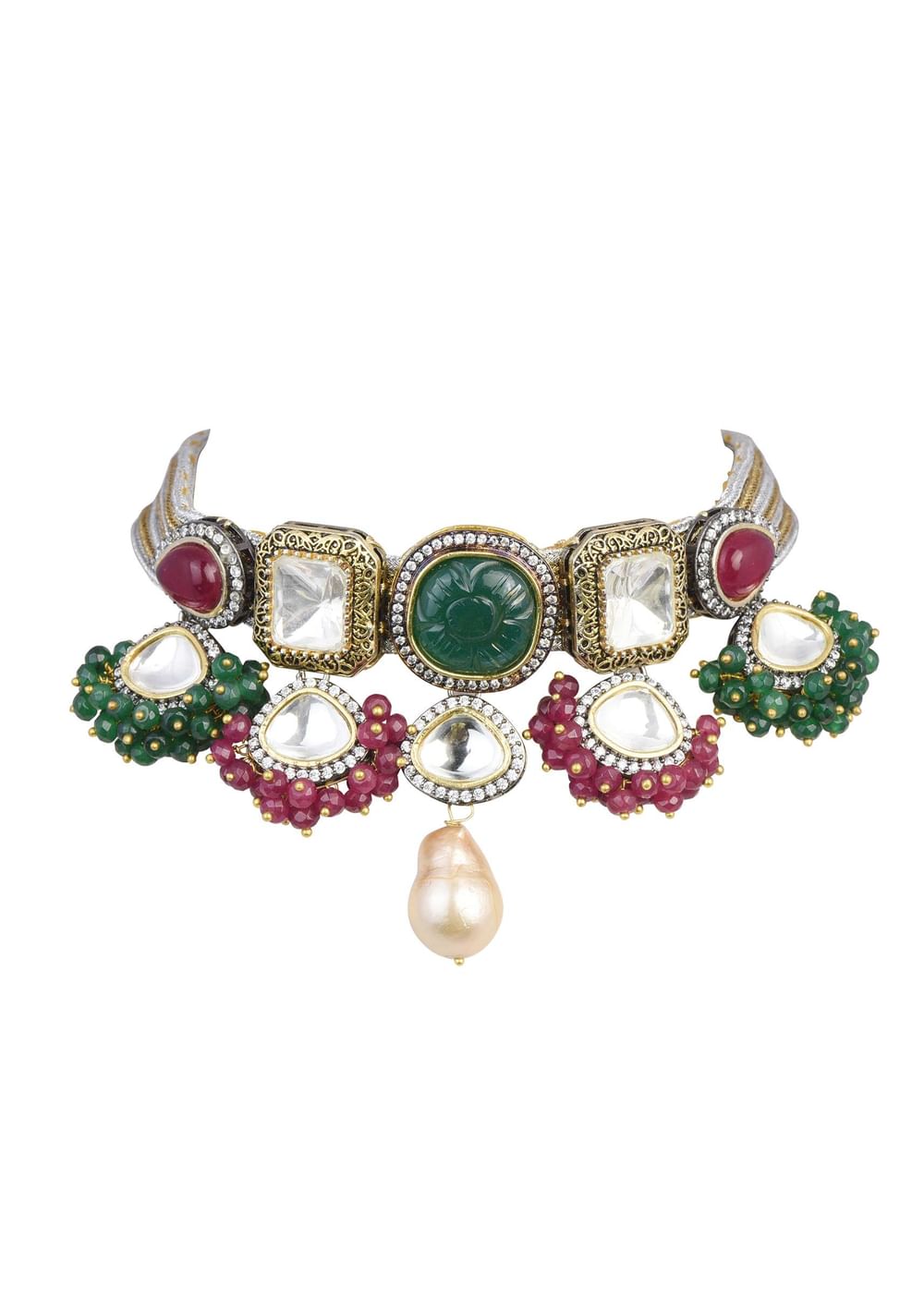 Two Tone Victorian Necklace Set With Mangtikka