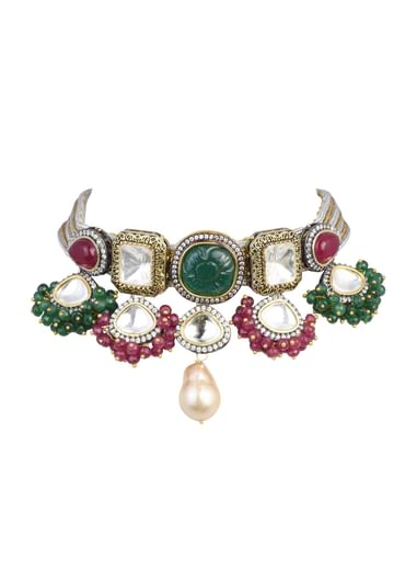 Two Tone Victorian Necklace Set With Mangtikka