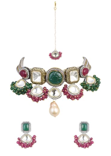 Two Tone Victorian Necklace Set With Mangtikka