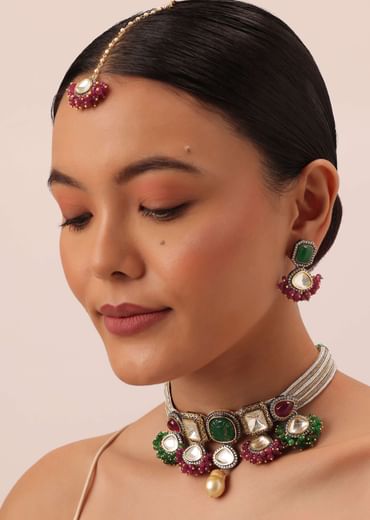 Two Tone Victorian Necklace Set With Mangtikka