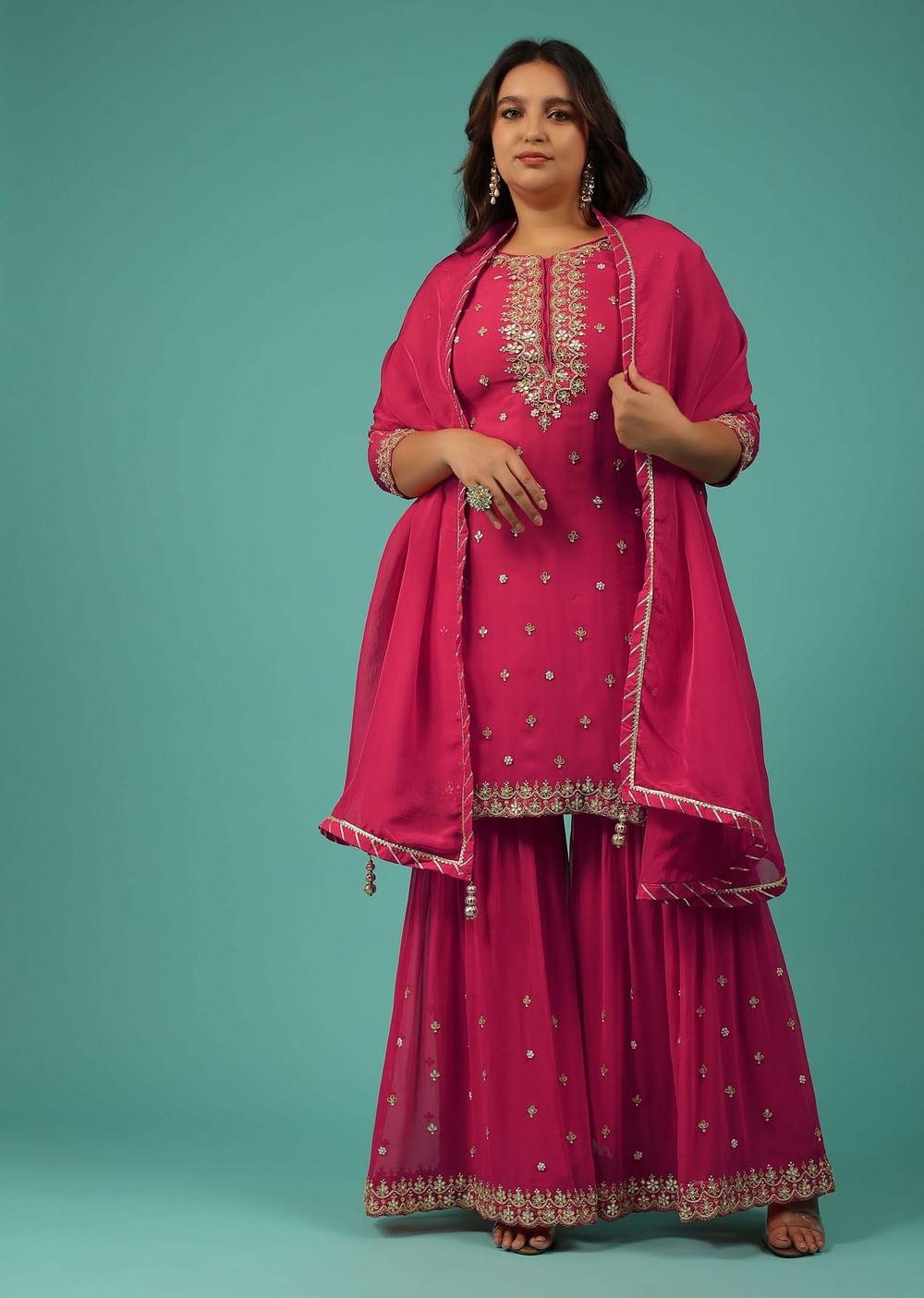 Embroidered Valentine Red Georgette Sharara Set