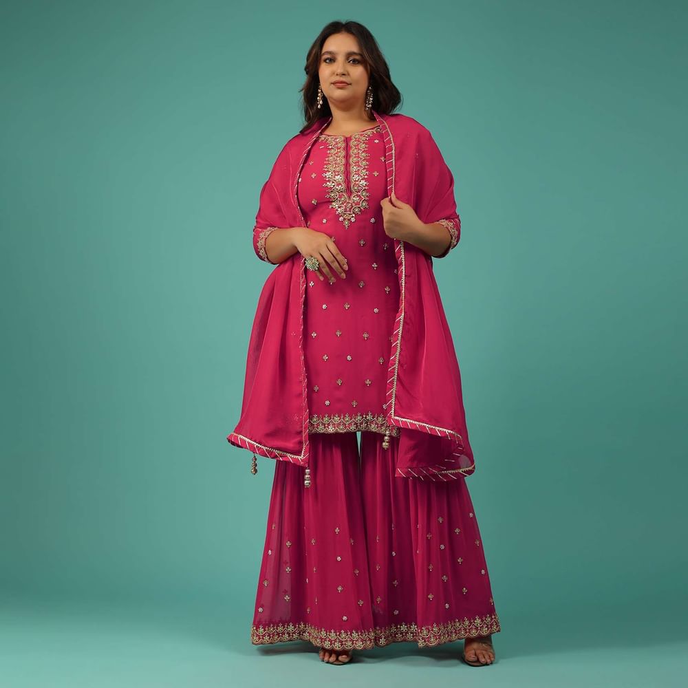 Valentine Red Embroidered Sharara Set In Georgette