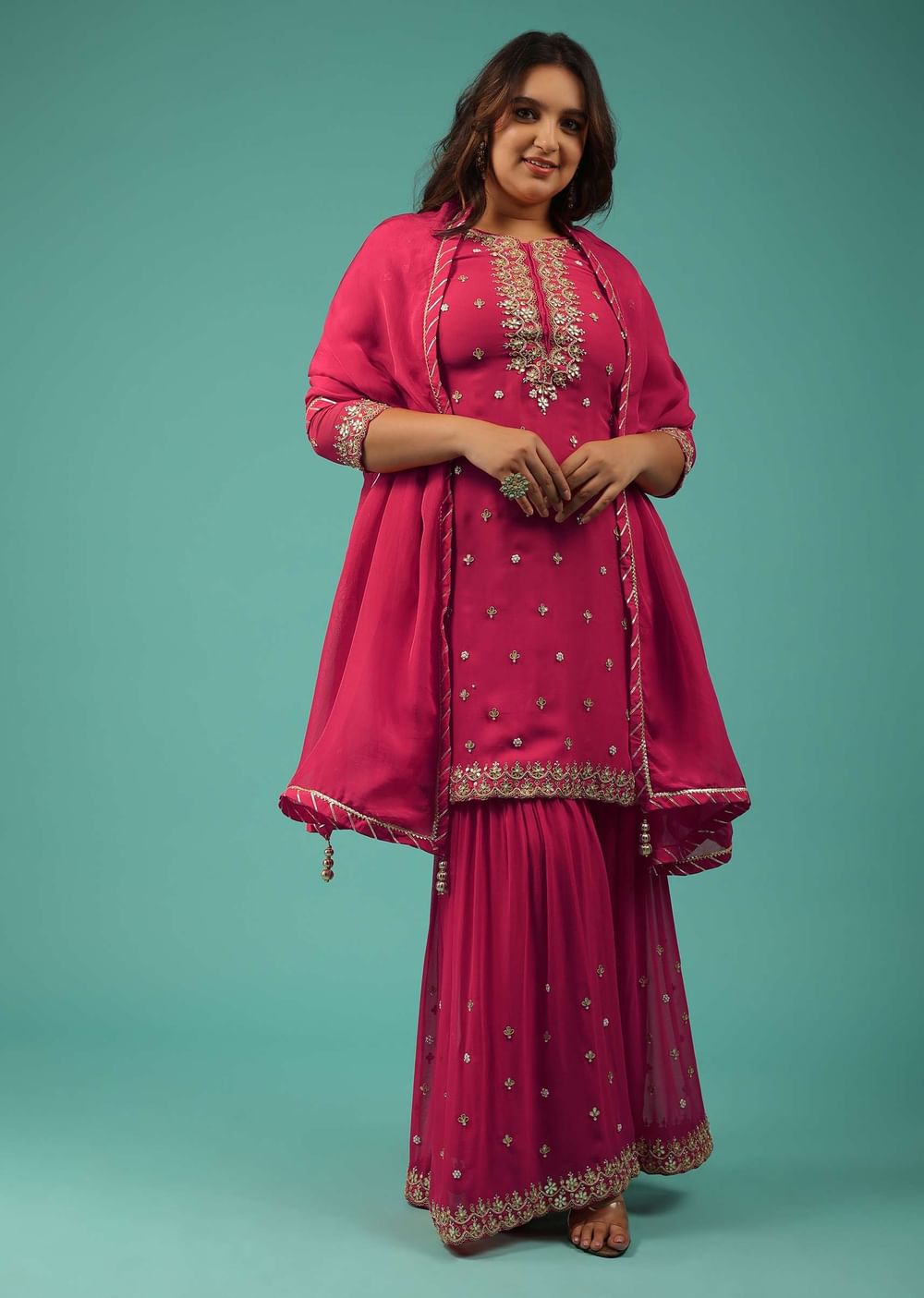 Valentine Red Embroidered Sharara Set In Georgette