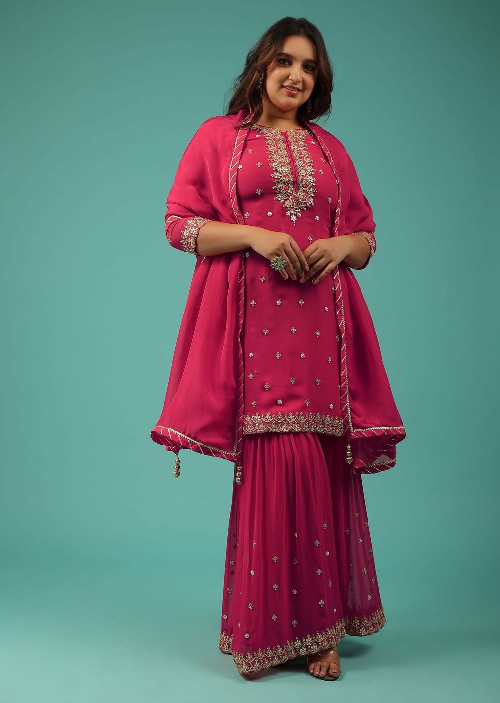 Embroidered Valentine Red Georgette Sharara Set