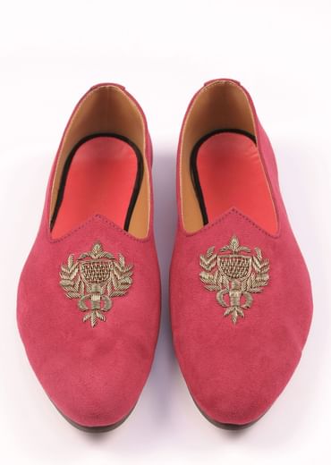 Valentine Red Juttis For Men In Suede With Embroidery