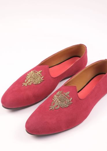 Valentine Red Juttis For Men In Suede With Embroidery