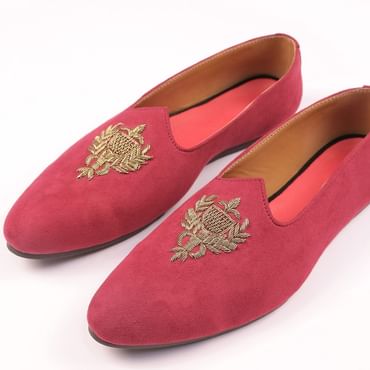 Valentine Red Juttis For Men In Suede With Embroidery