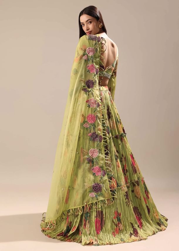 Verdant Green Printed Blouse And Skirt