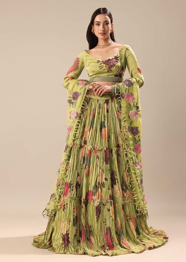 Verdant Green Printed Blouse And Skirt