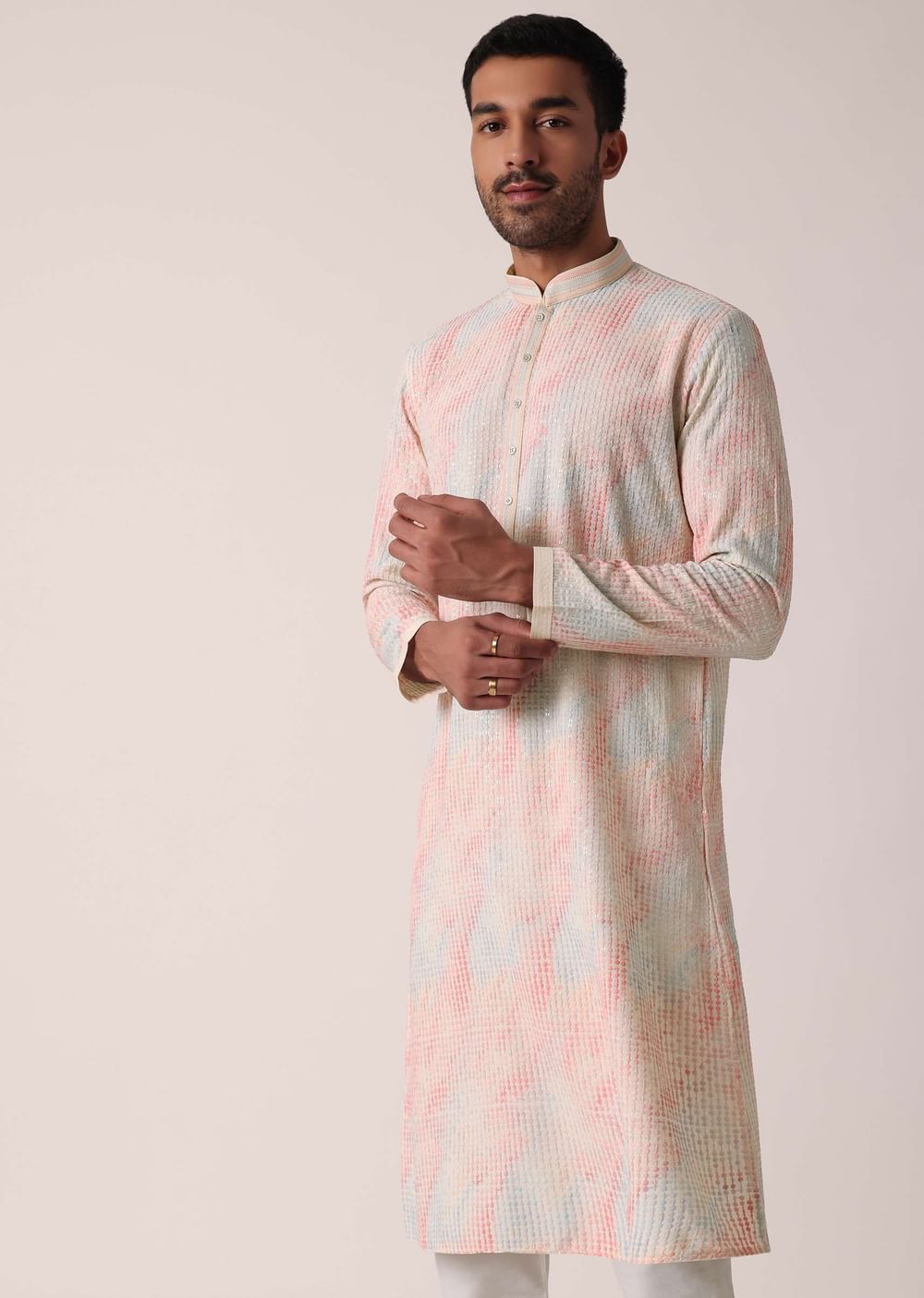 Vibrant Multi Colored Silk Kurta Set For Men