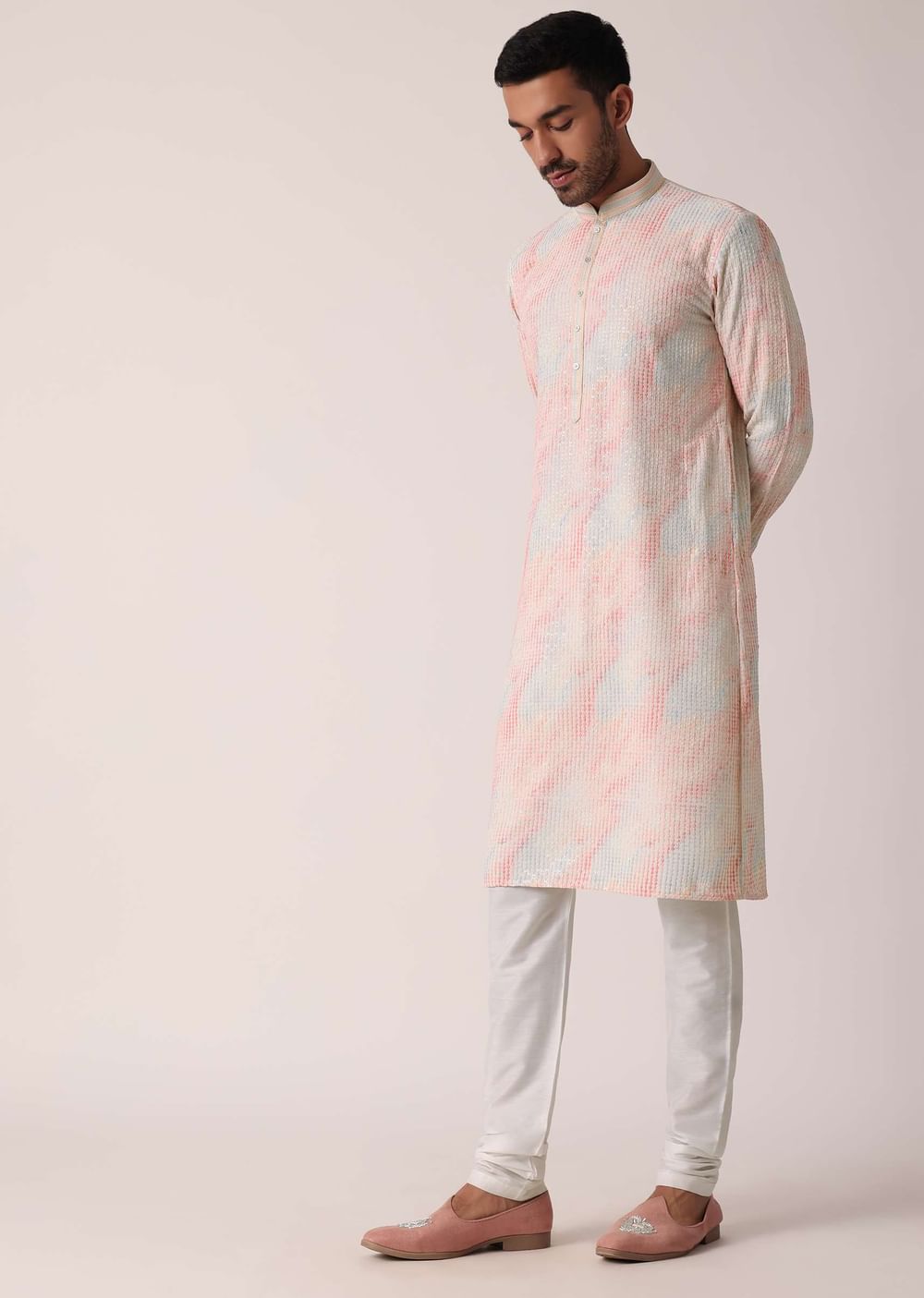 Vibrant Multi Colored Silk Kurta Set For Men