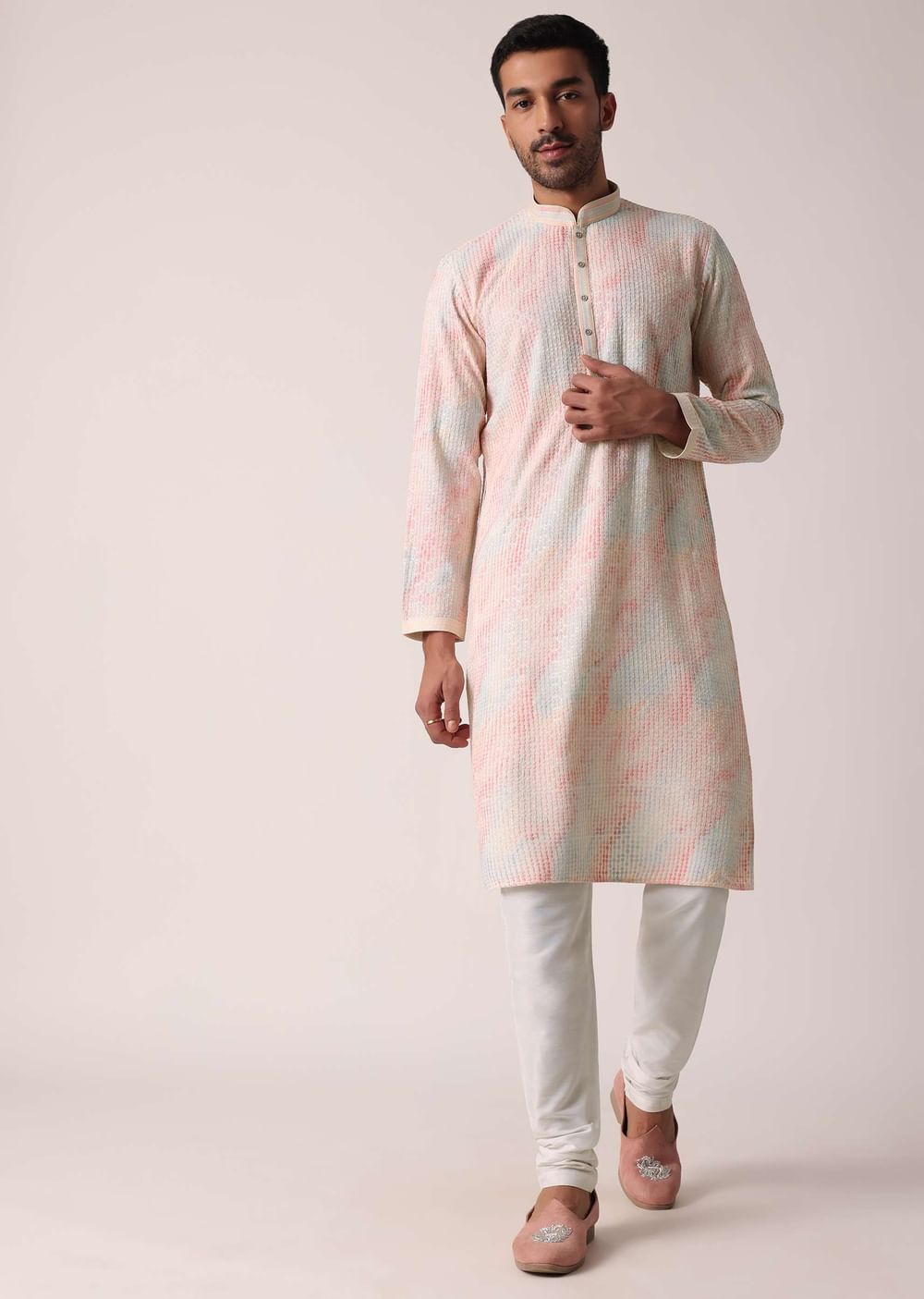 Vibrant Multi Colored Silk Kurta Set For Men