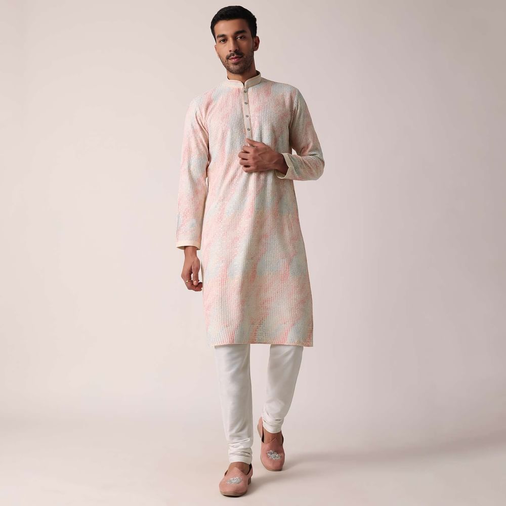 Vibrant Multi Colored Silk Kurta Set For Men