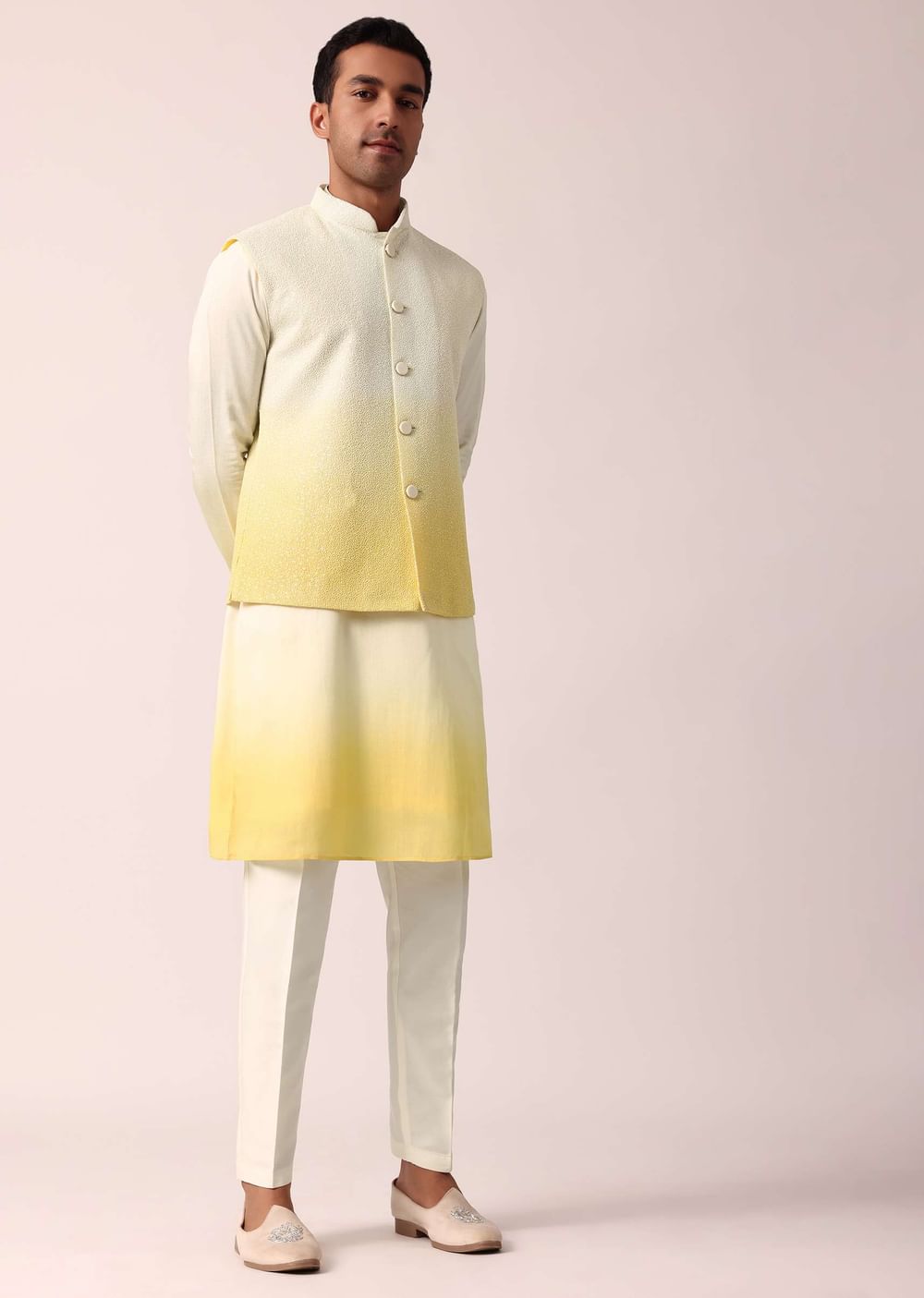 Vibrant Yellow Silk Jacket Kurta Set For Men