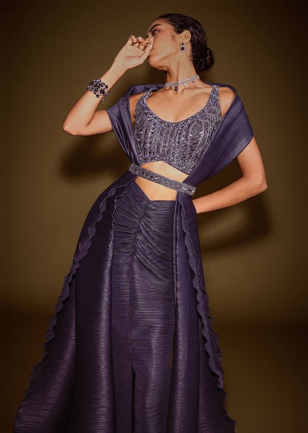 Violet Drape Skirt With Embroidered Blouse Belt And Dupatta Violet Drape Skirt With Embroidered Blouse Belt And Dupatta