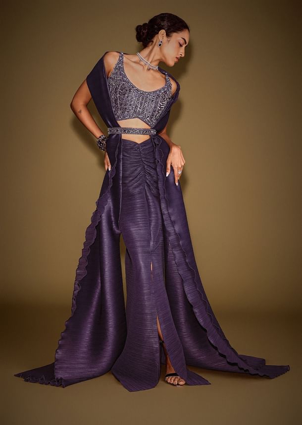 Violet Drape Skirt With Embroidered Blouse Belt And Dupatta Violet Drape Skirt With Embroidered Blouse Belt And Dupatta