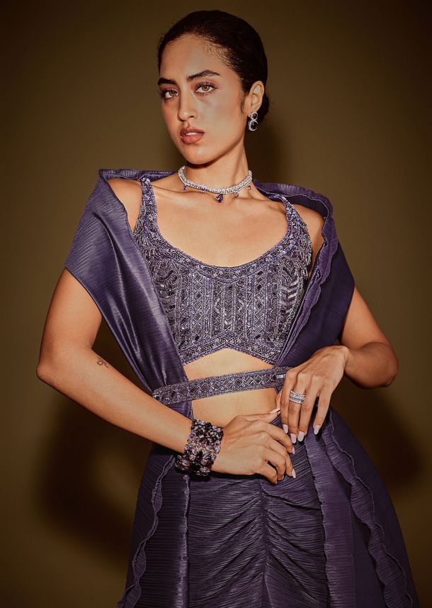 Violet Drape Skirt With Embroidered Blouse Belt And Dupatta Violet Drape Skirt With Embroidered Blouse Belt And Dupatta