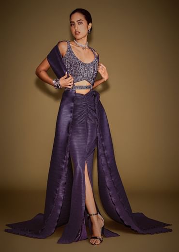 Violet Drape Skirt With Embroidered Blouse Belt And Dupatta
