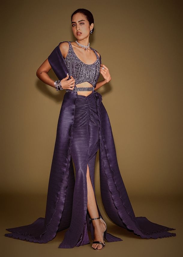 Violet Drape Skirt With Embroidered Blouse Belt And Dupatta Violet Drape Skirt With Embroidered Blouse Belt And Dupatta