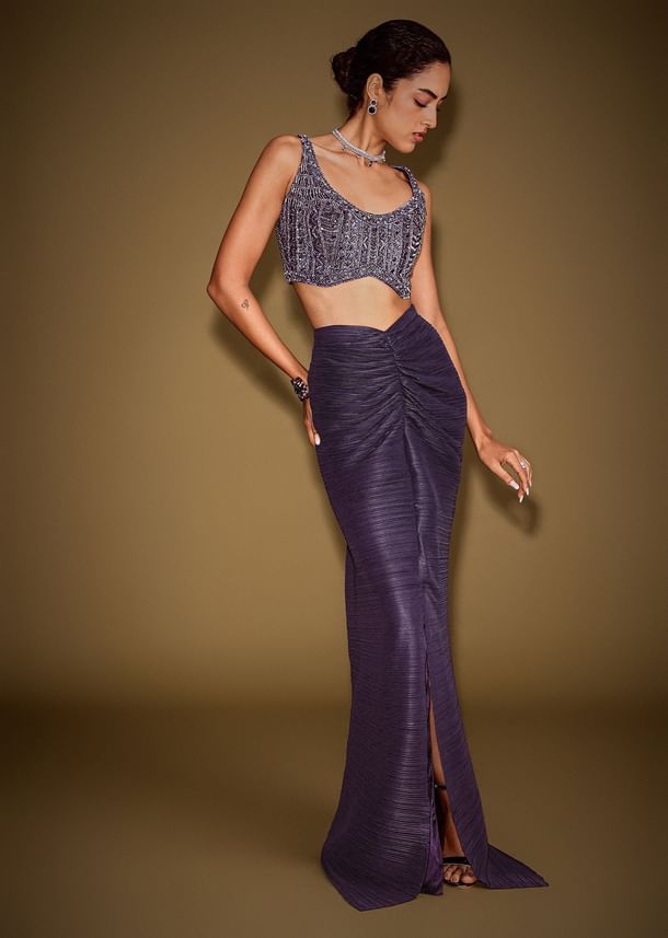 Violet Drape Skirt With Embroidered Blouse Belt And Dupatta Violet Drape Skirt With Embroidered Blouse Belt And Dupatta