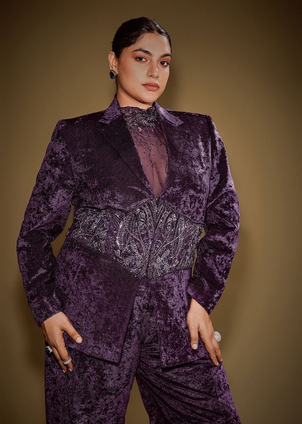 Violet Embroidered Velvet Blazer Set With Polo Neck Top And Pants