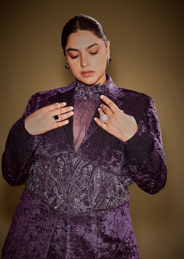 Violet Embroidered Velvet Blazer Set With Polo Neck Top And Pants
