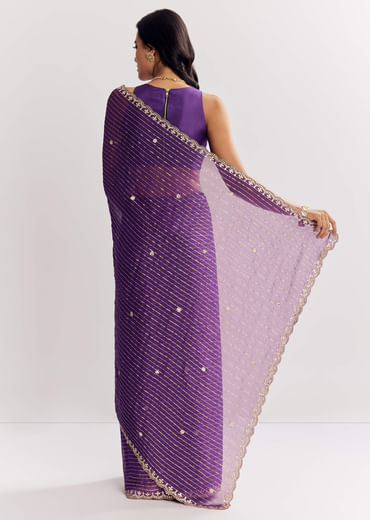 Violet Georgette Saree With Foil Stripes And Gota Patti Mirror Work