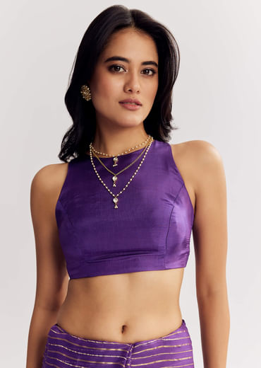 Violet Georgette Saree With Foil Stripes And Gota Patti Mirror Work