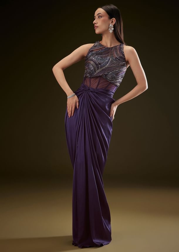 Violet High Neck Embroidered Corset Gown With Twisted Drape
