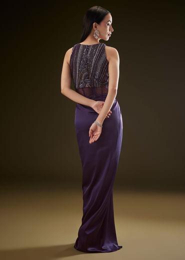 Violet High Neck Embroidered Corset Gown With Twisted Drape