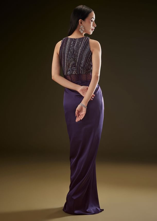 Violet High Neck Embroidered Corset Gown With Twisted Drape