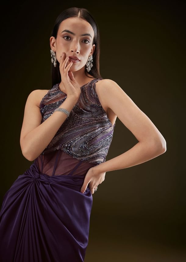 Violet High Neck Embroidered Corset Gown With Twisted Drape