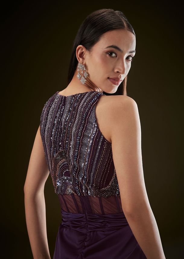 Violet High Neck Embroidered Corset Gown With Twisted Drape