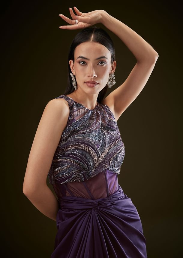 Violet High Neck Embroidered Corset Gown With Twisted Drape