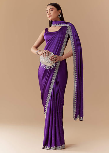 Violet Stone Embellished Saree with Unstitched Blouse
