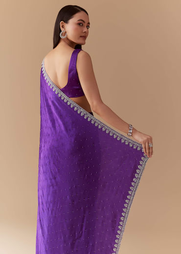 Violet Stone Embellished Saree with Unstitched Blouse