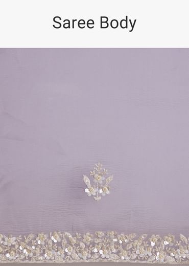 Violet Tissue Saree With Floral Embroidery And Scallop Border