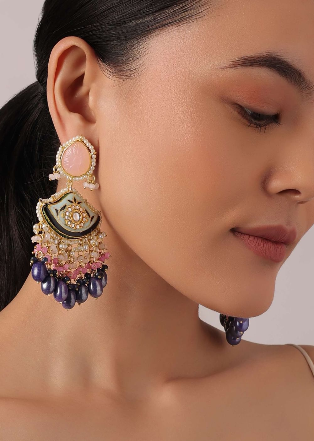 Violet Danglers With Evil Eye Meenakari Motif And Bead Drops
