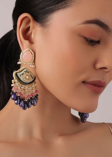 Violet Danglers With Evil Eye Meenakari Motif And Bead Drops