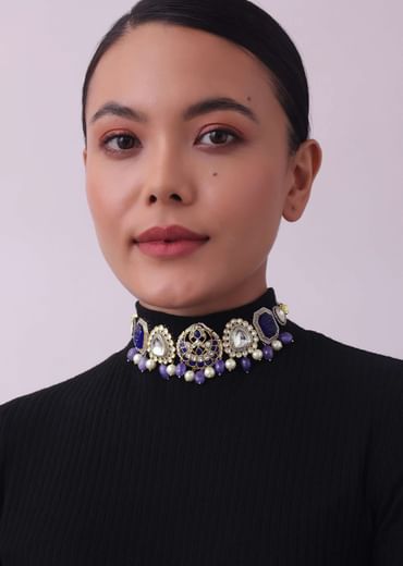 Violet Jadau Choker And Earring Set In Gold Finish With Stones