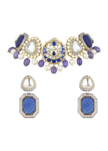 Violet Jadau Choker And Earring Set In Gold Finish With Stones