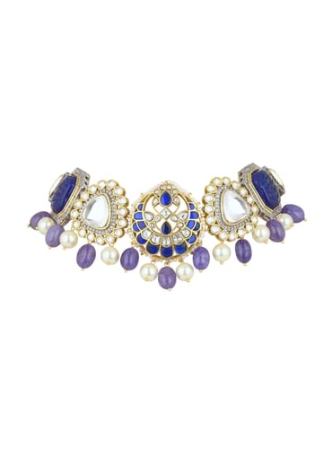 Violet Jadau Choker And Earring Set In Gold Finish With Stones