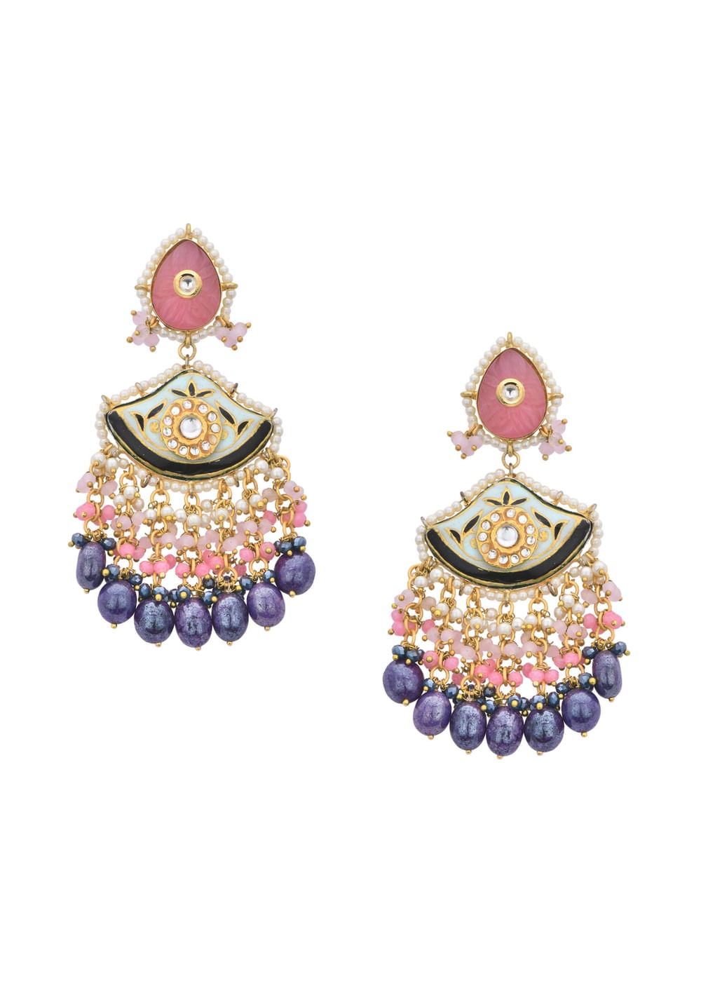 Violet Kundan Danglers With Tiered Multicolor Bead Drops