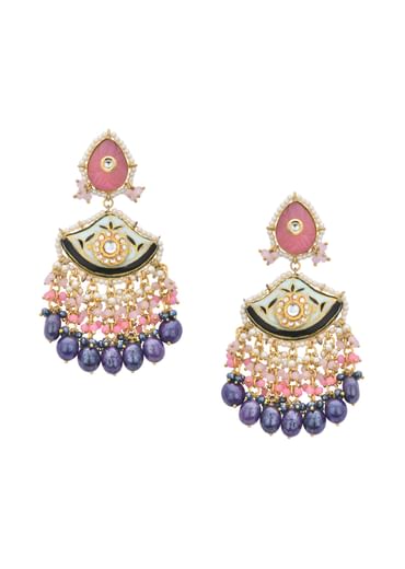 Violet Kundan Danglers With Tiered Multicolor Bead Drops