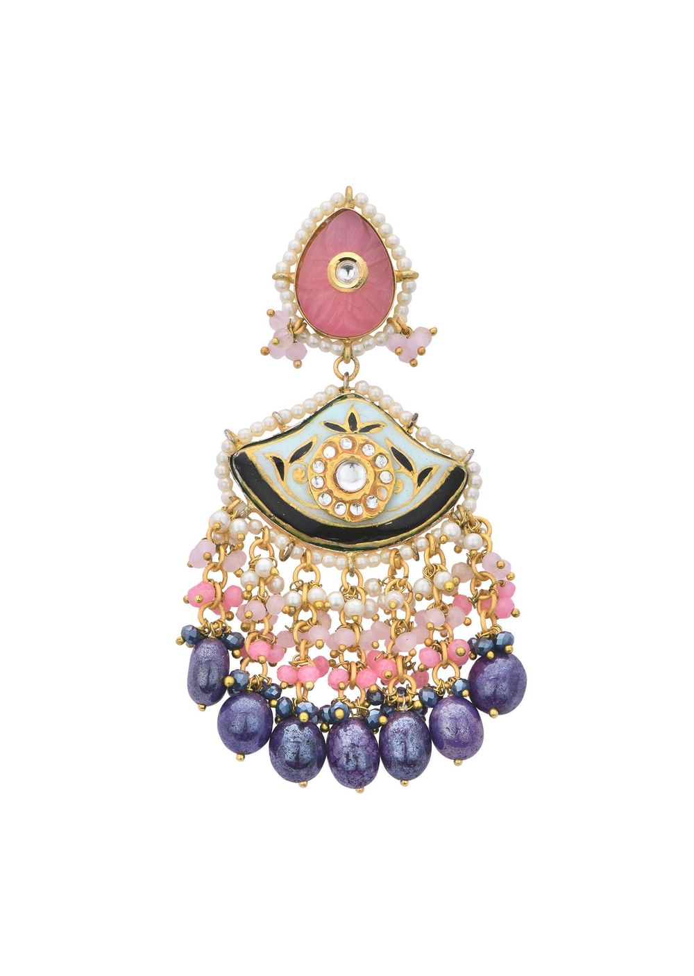 Violet Kundan Danglers With Tiered Multicolor Bead Drops