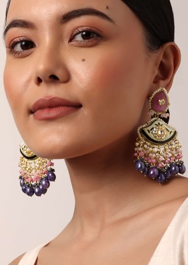 Violet Kundan Danglers With Tiered Multicolor Bead Drops